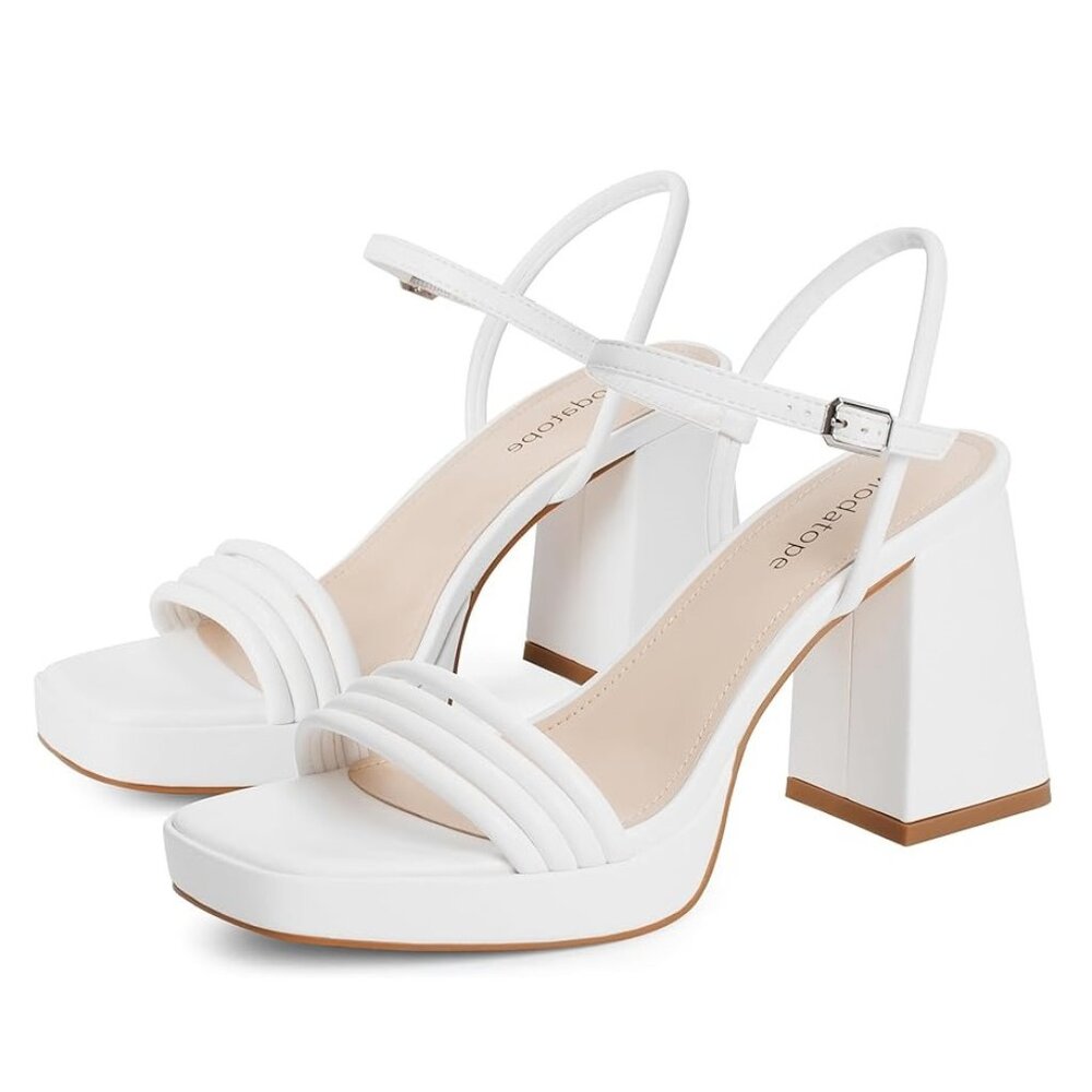 Modatope White Platform Chunky Heel Strappy Square Toe Sandals NEW! 6.5